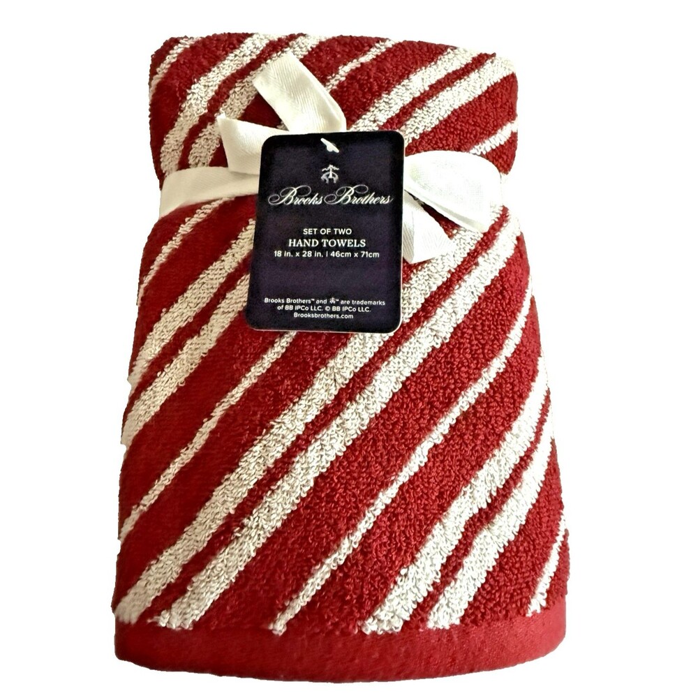 Brooks Brothers Luxury Christmas Hand Towels Red White Set of 2 Candy Stripe